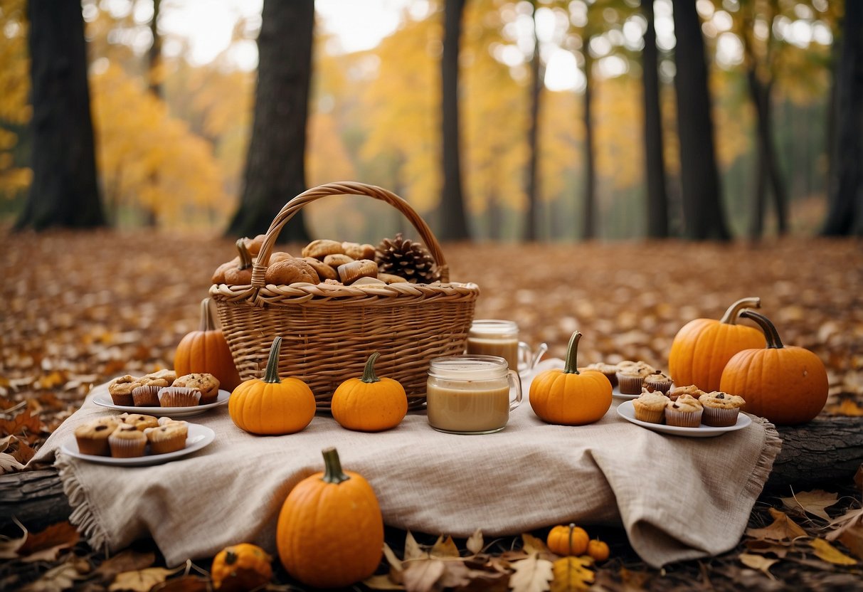 A picnic blanket spread out in a colorful autumn forest, surrounded by fallen leaves and pumpkins. A basket filled with pumpkin spice muffins and other fall treats sits in the center, ready for a cozy fall outing