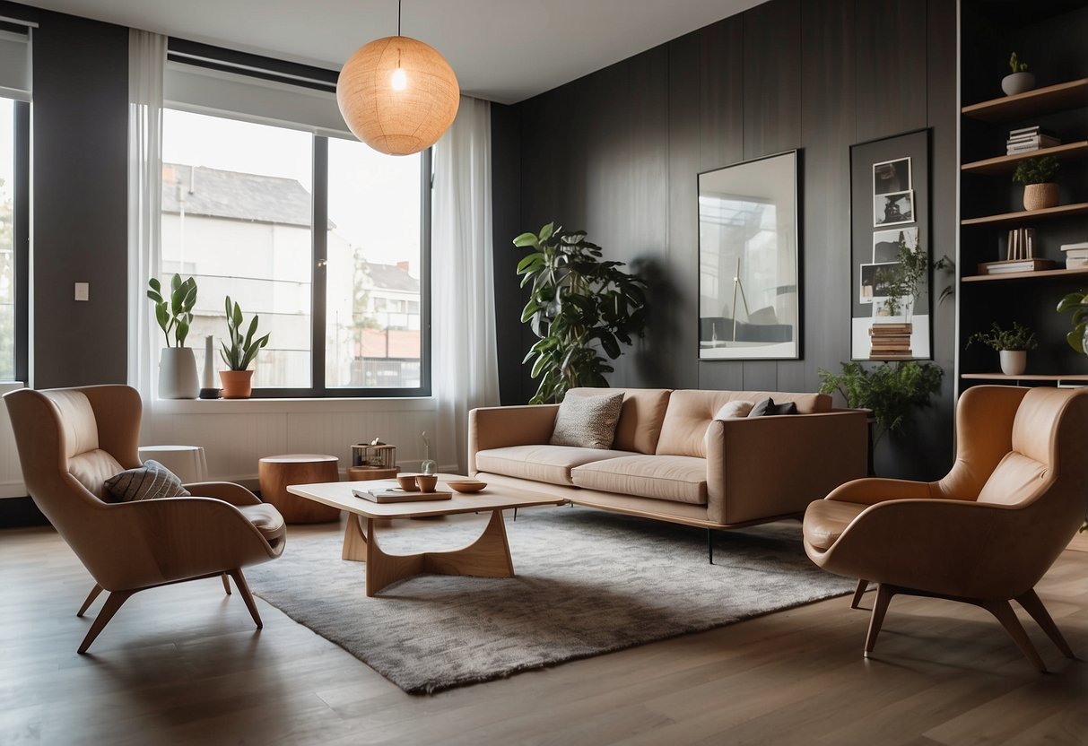 A sleek, modern living room with custom plywood furniture, featuring a minimalist coffee table, a stylish bookshelf, and a comfortable lounge chair