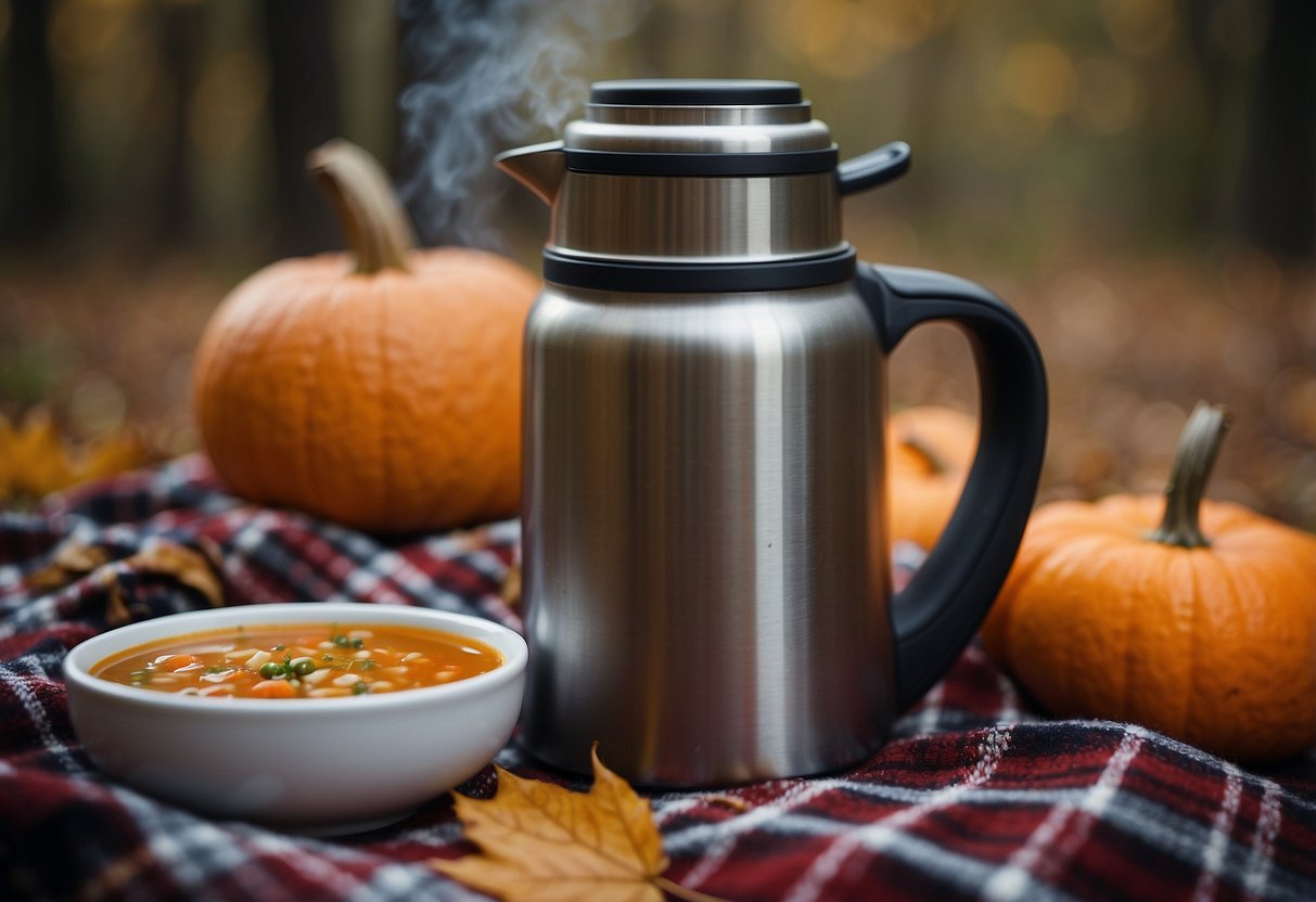 A flask of steaming soup sits on a checkered blanket surrounded by autumn leaves and a thermos. A cozy scene for a fall picnic