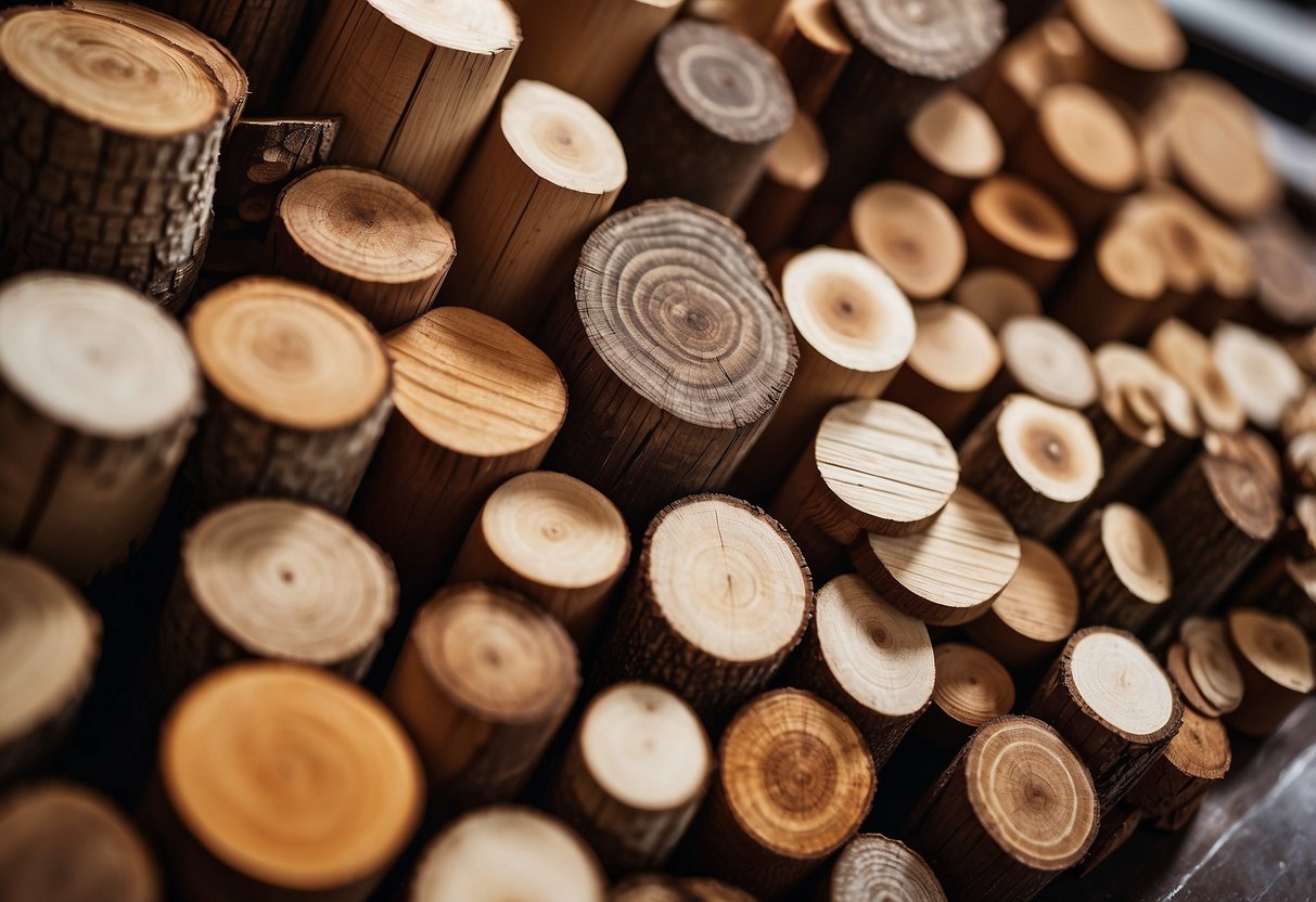 A variety of wood samples with different colors and textures are arranged on a table, showcasing the natural beauty of each type