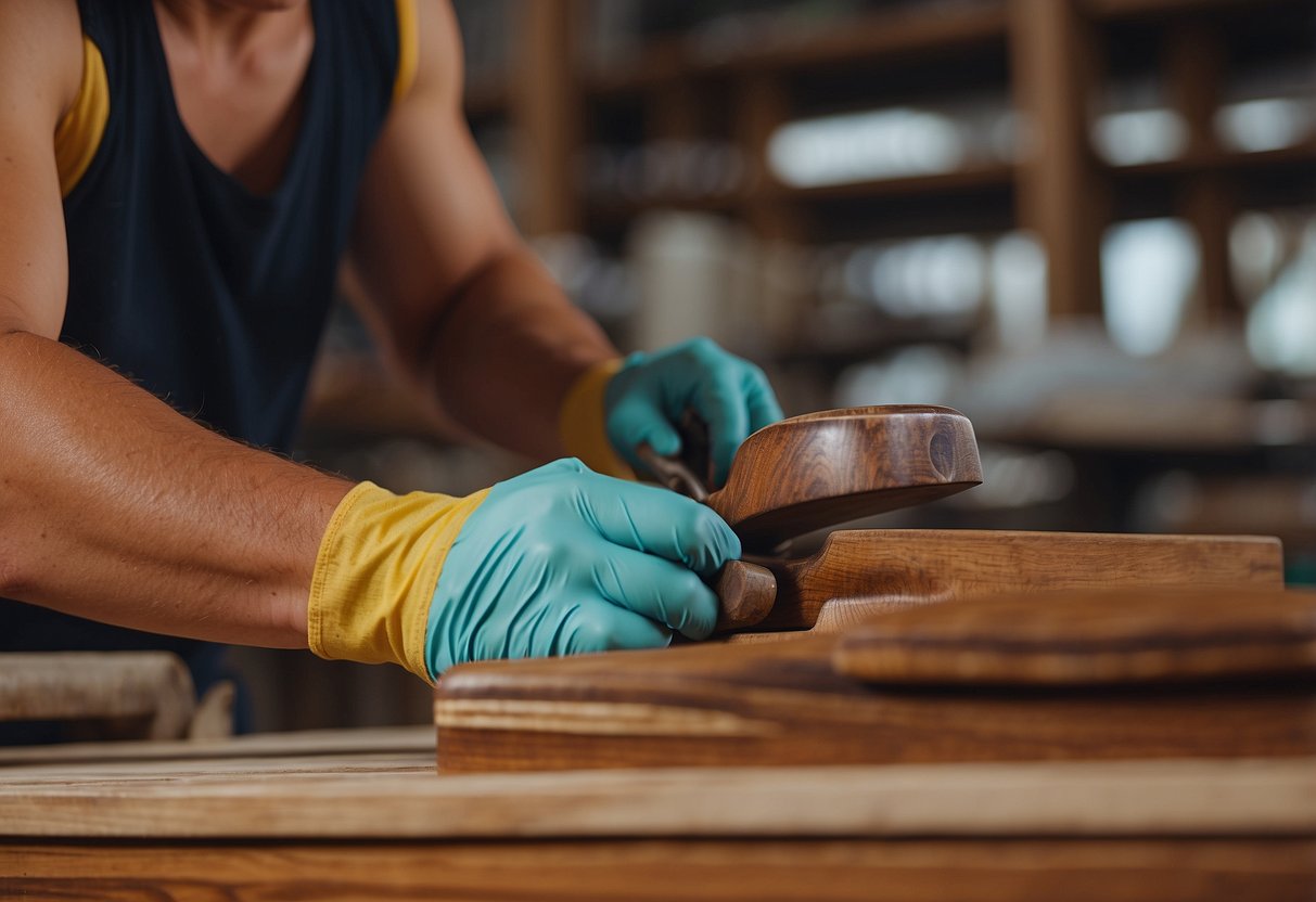 Teak furniture being carefully restored indoors, with sanding, polishing, and oiling process in progress
