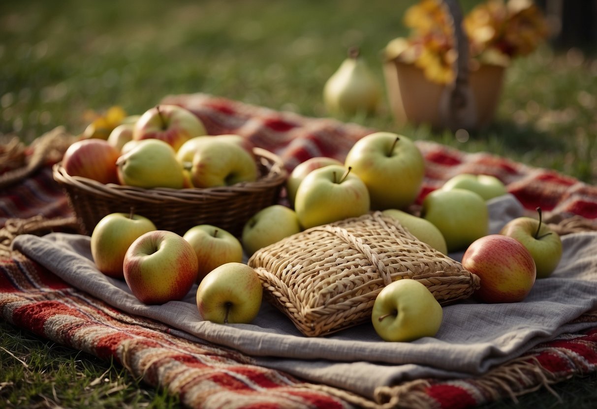 A rustic picnic blanket spread with apples, pears, and a cozy fall setting