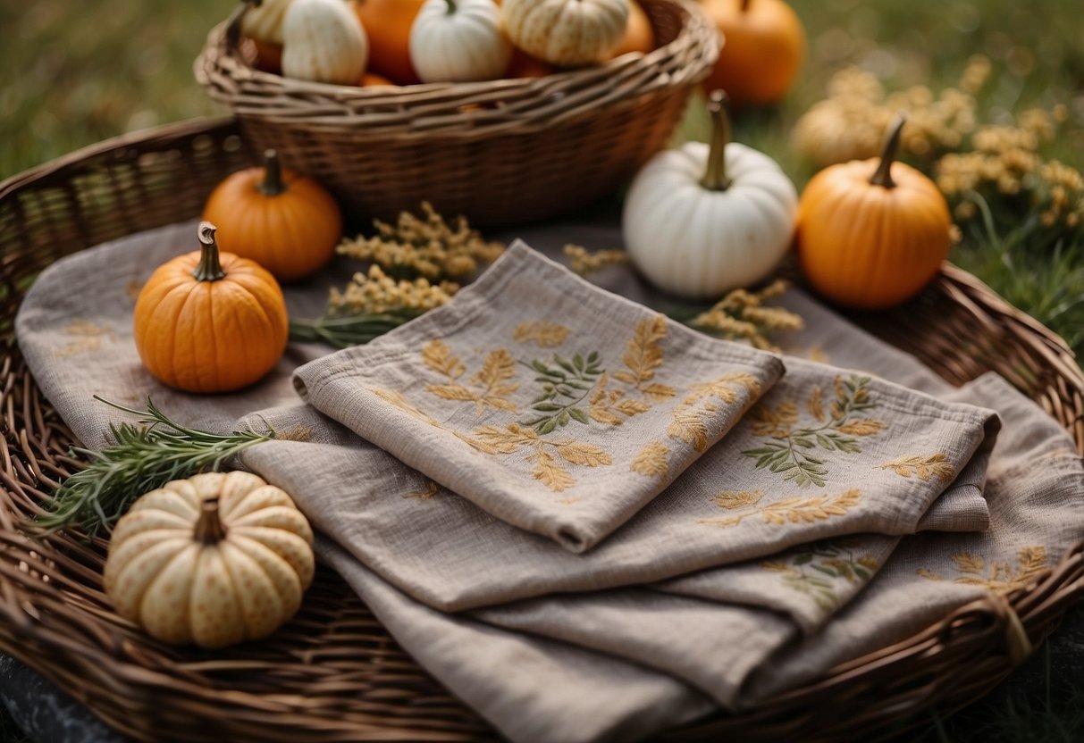 Autumn-themed cloth napkins with herb-stamped designs laid out on a picnic blanket surrounded by cozy fall decor and a basket of food