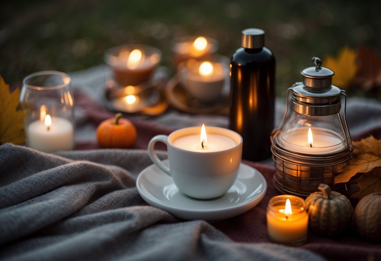 A cozy picnic blanket surrounded by fall-themed scented candles. Nearby, a basket filled with snacks and a thermos of hot drinks