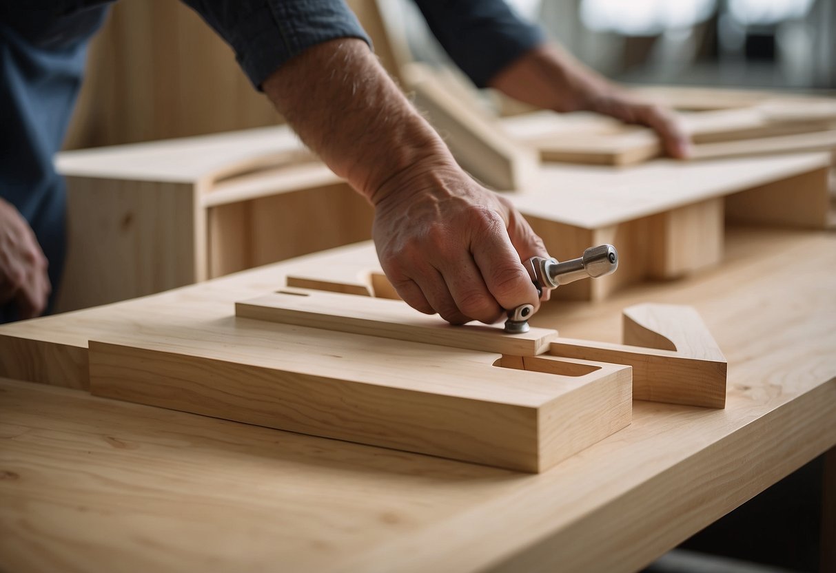 An artisan crafts custom plywood furniture, shaping and assembling pieces with precision and care. Materials and tools are neatly arranged in a well-lit workshop