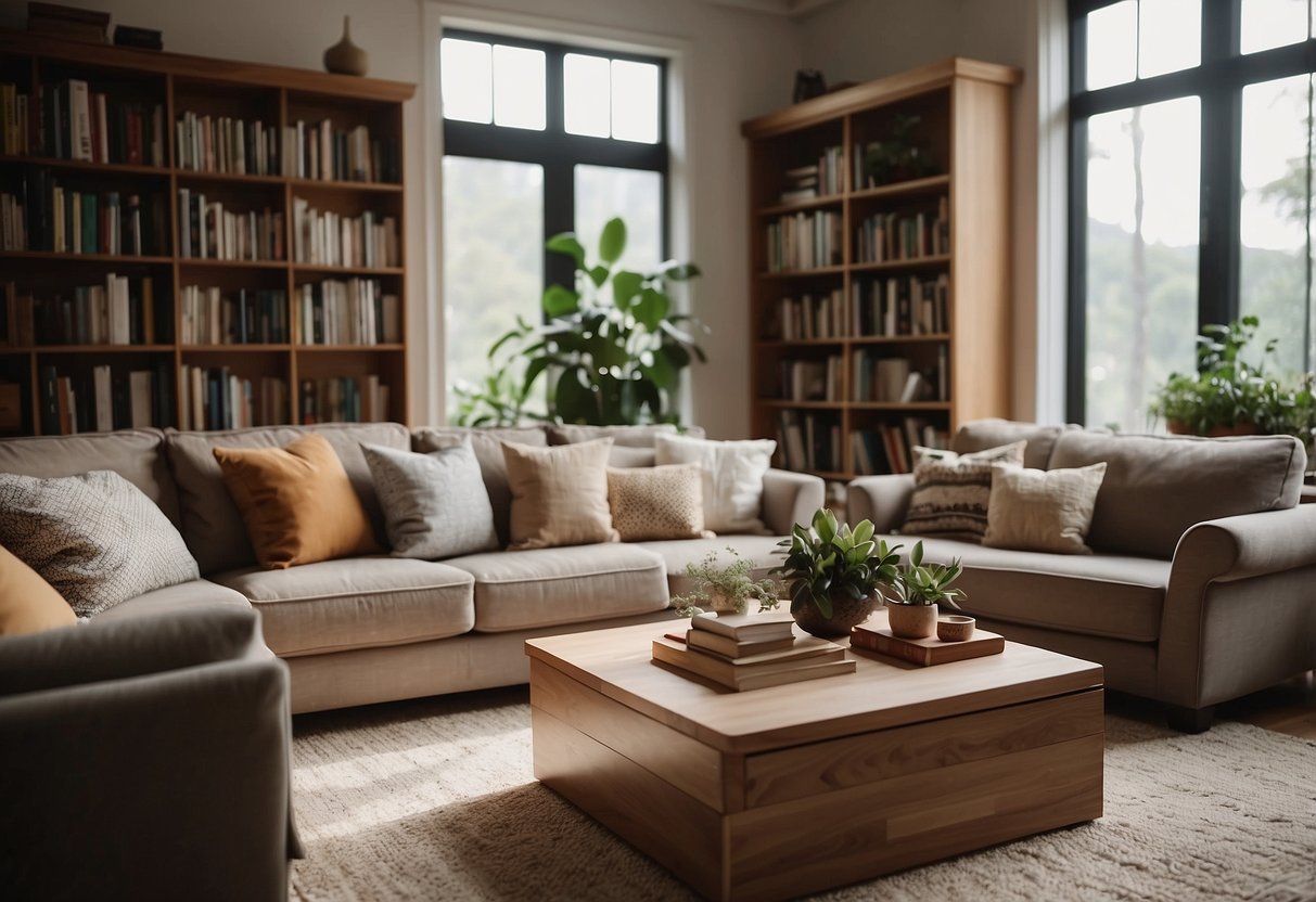 A cozy living room with a comfortable sofa, a coffee table, and a soft rug. A bookshelf filled with books and decorative items, and a large window letting in natural light