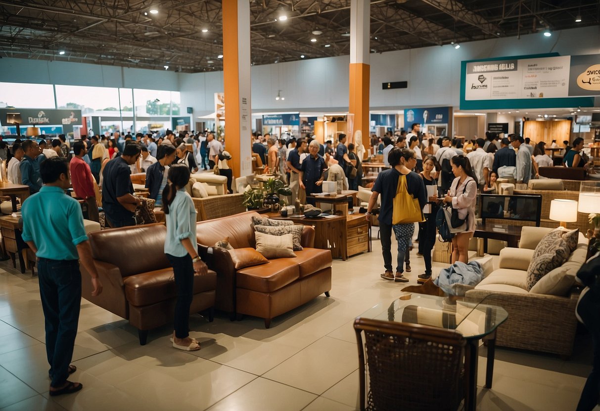 A bustling furniture clearance event at Lombok, with customers browsing and staff assisting. Displays of discounted items and signage indicating "Frequently Asked Questions" area