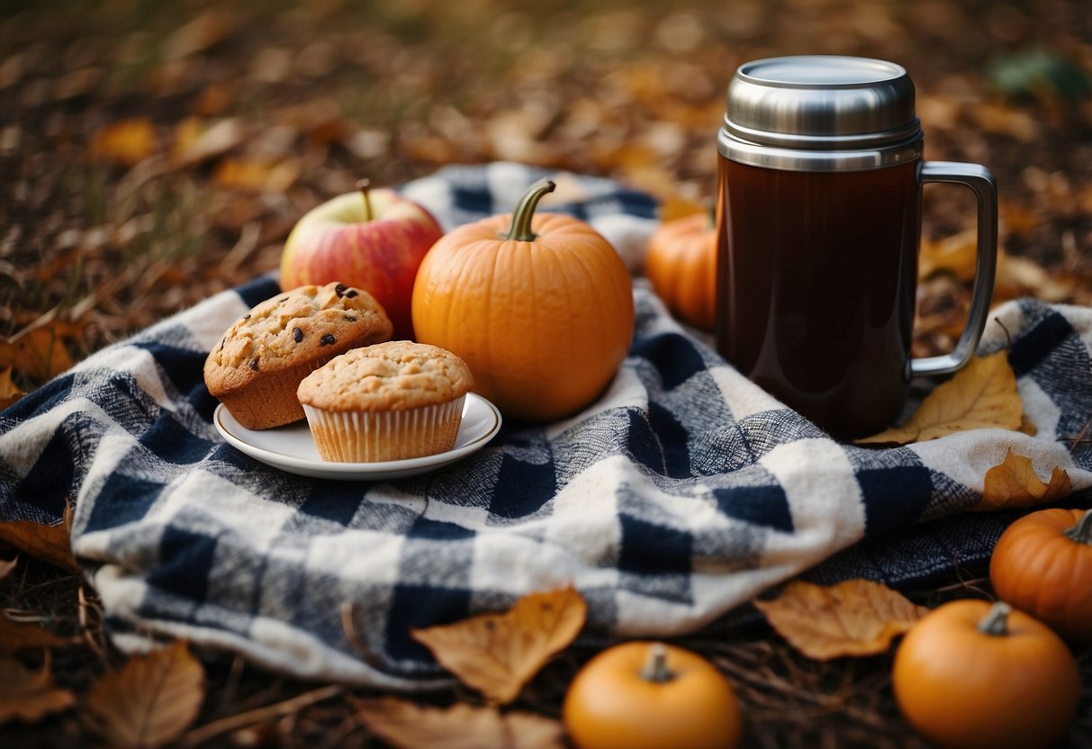 A checkered blanket spread out on the ground, surrounded by fallen leaves. A wicker basket filled with warm apple cider, pumpkin muffins, and savory sandwiches. A thermos of hot soup steaming in the crisp autumn air