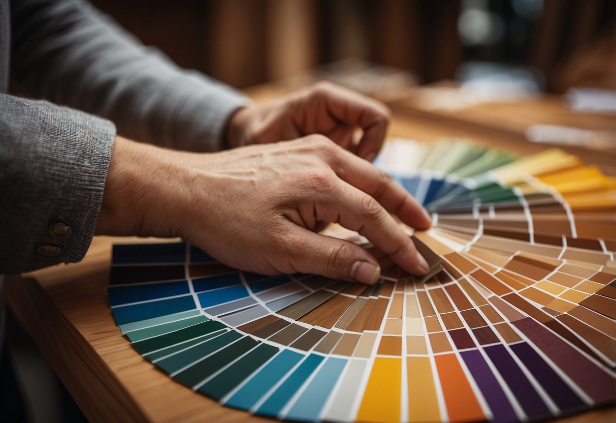 A hand reaching for a color swatch chart, surrounded by various wood samples in different shades and textures