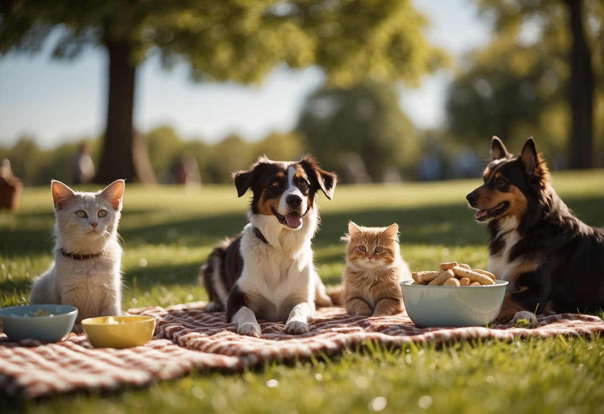 Pets and owners enjoy a peaceful picnic in a grassy park. Dogs play fetch, cats lounge in the sun. Bowls of water and pet-friendly snacks are spread out on a checkered blanket