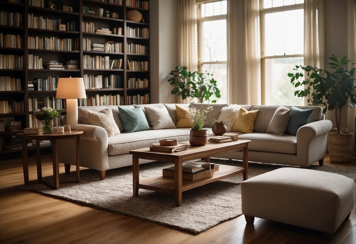 A cozy living room with a comfortable sofa, a coffee table, and a plush rug. A bookshelf filled with books and decorative items. Large windows with natural light streaming in