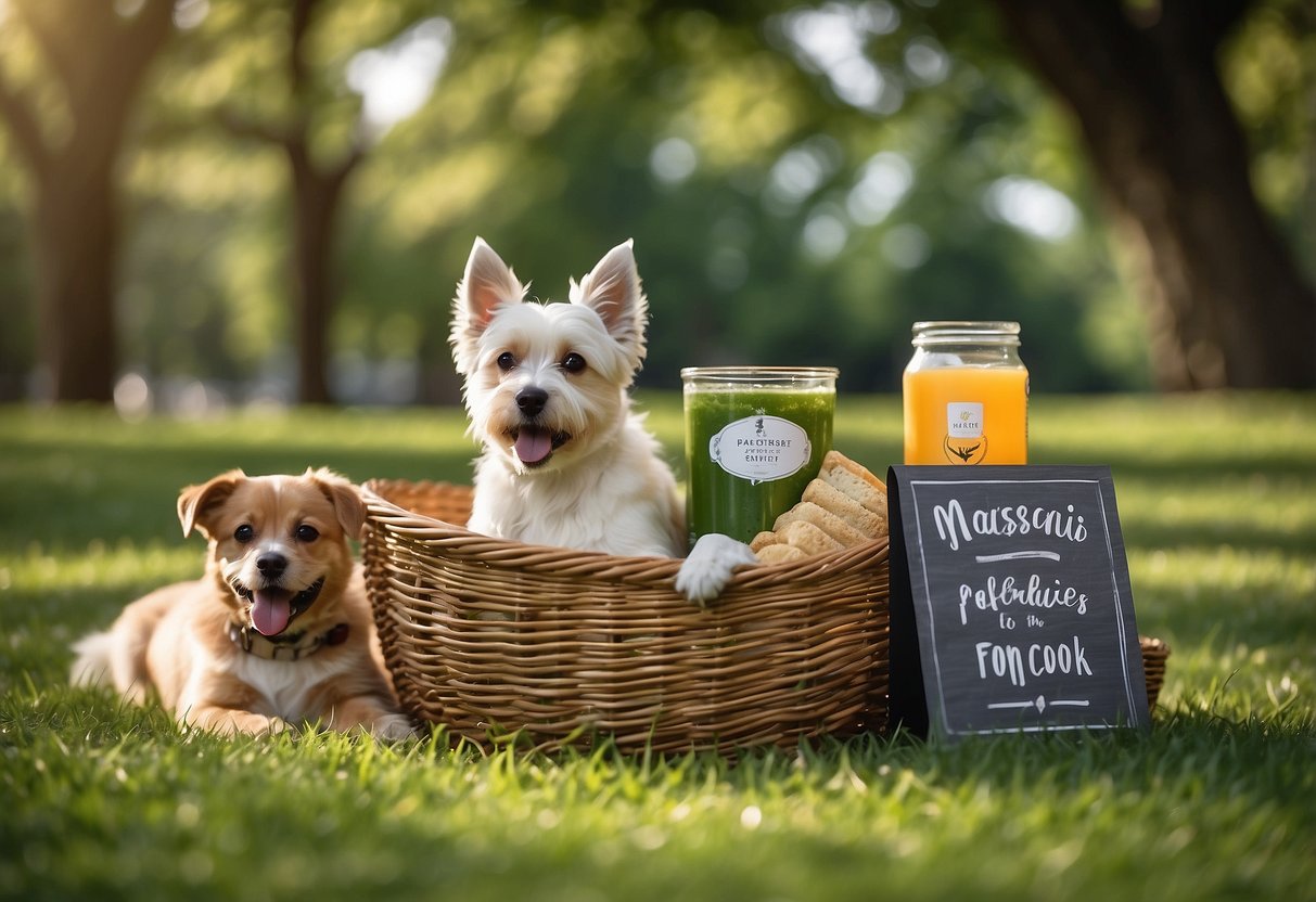 Lush green park with pet-friendly signs, picnic blanket spread under a shady tree, water bowl for pets, and a basket of pet-friendly snacks