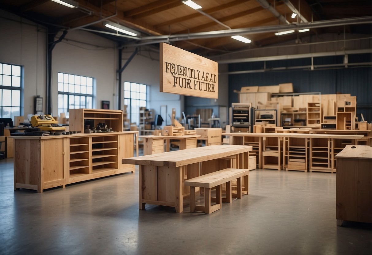 A workshop with various plywood furniture pieces on display, accompanied by a sign that reads "Frequently Asked Questions custom plywood furniture."