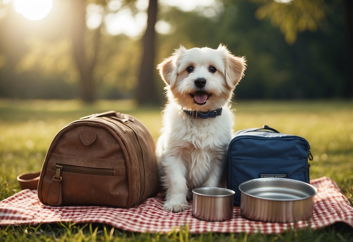 Toys scattered on picnic blanket, pet carrying bag packed, leash and water bowl ready, food and treats in containers, pet bed laid out, and a calm, happy pet waiting eagerly for the adventure