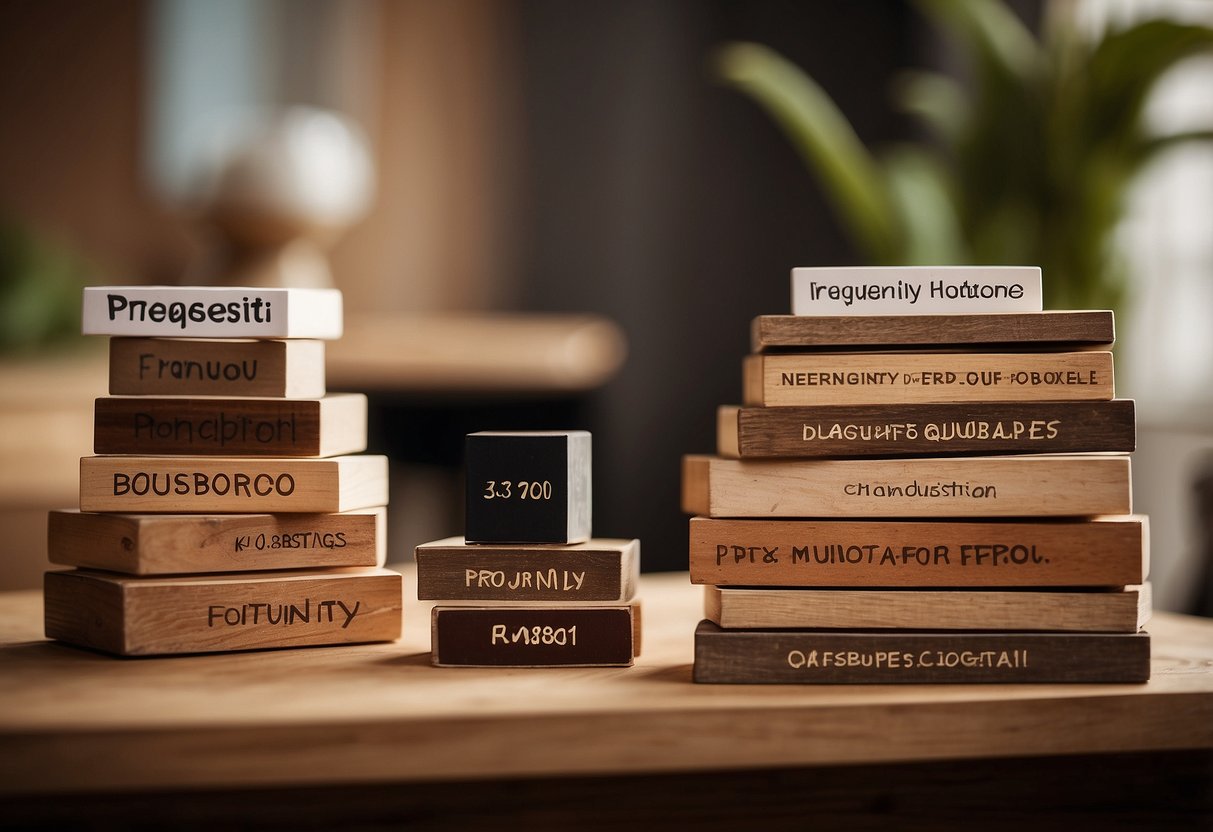 A stack of wooden furniture pieces in various shades, with a sign reading "Frequently Asked Questions" in the background