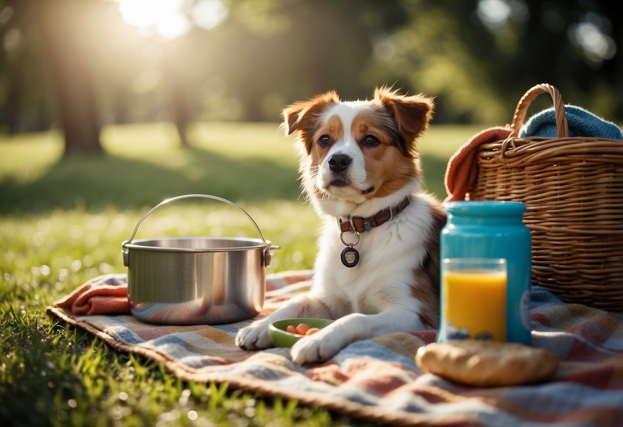 A portable water bowl sits next to a picnic spread, surrounded by a leash, toys, and a blanket. The sun shines overhead, creating a peaceful outdoor scene for pets