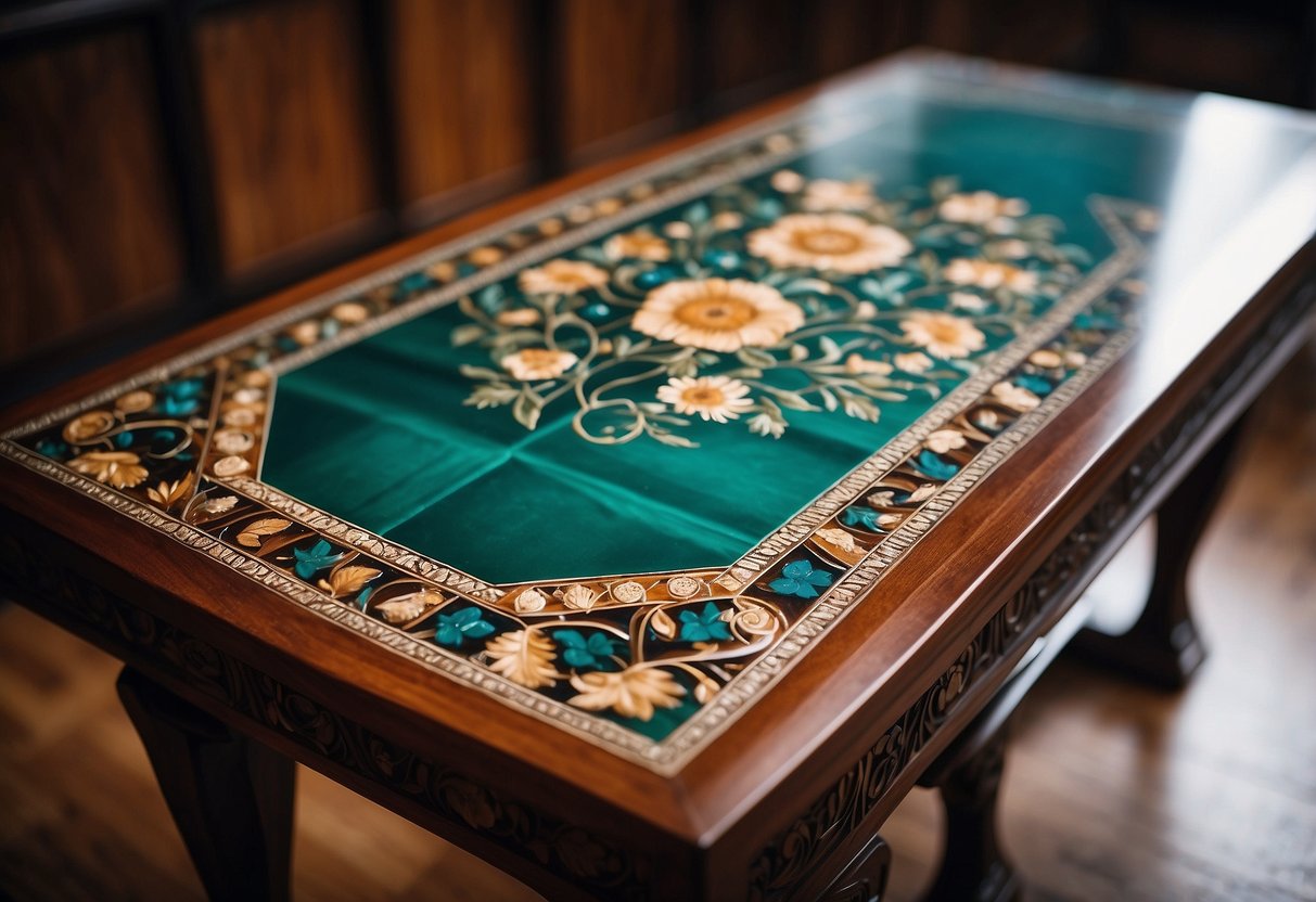 A wooden table with intricate inlaid designs of flowers and geometric patterns. Rich colors and glossy finish