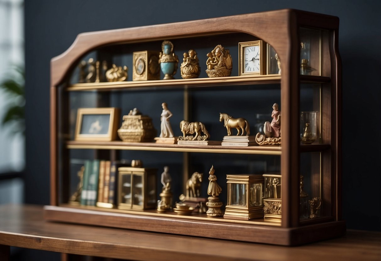 A wooden bookshelf stands against a wall, filled with books and decorative items. A glass display case showcases delicate figurines and trinkets