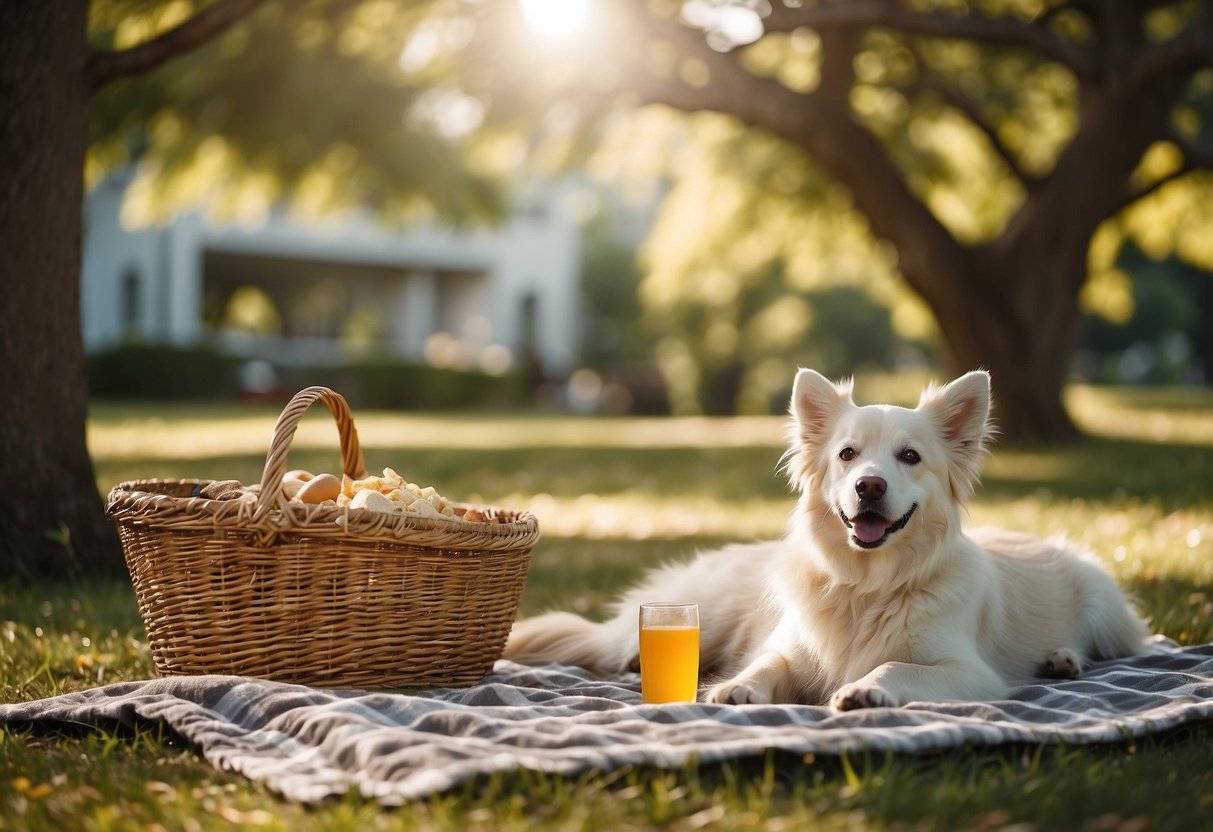 Pets lounging under a shady tree, with a picnic blanket and basket nearby. Sunscreen and pet-friendly snacks are visible