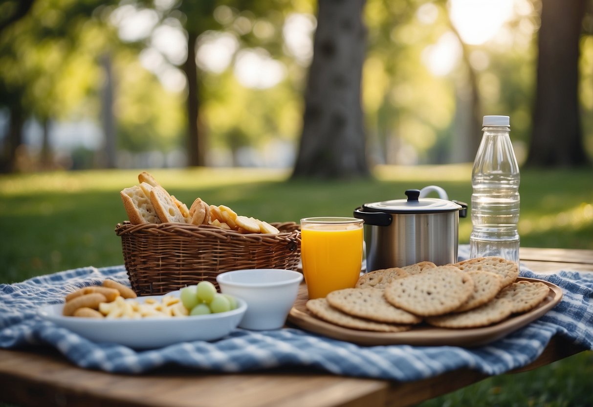 Create a peaceful picnic scene with a soft blanket, pet-friendly snacks, water bowls, and toys scattered around. Add a shady tree and gentle breeze for a stress-free atmosphere