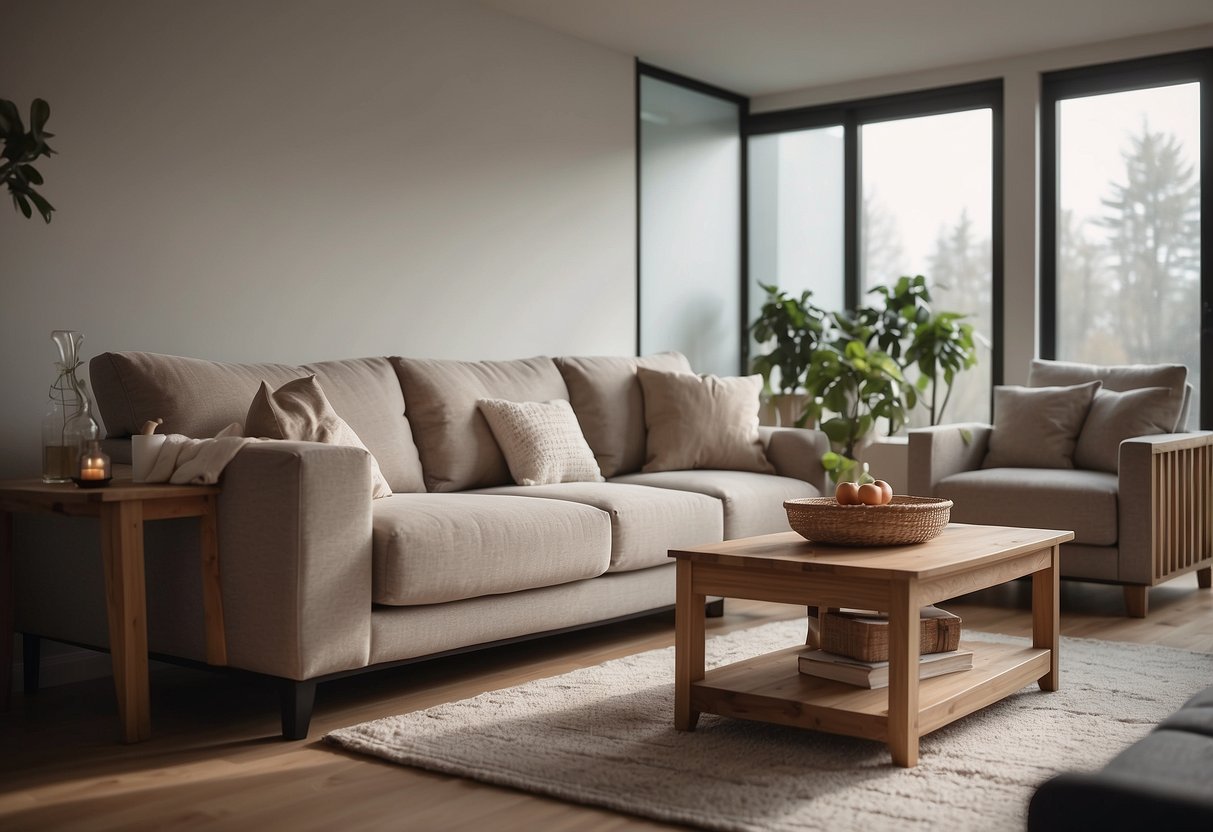A cozy living room with a wood furniture sofa set, adorned with plump cushions and a warm throw blanket