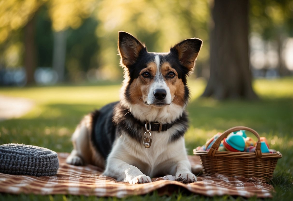 A dog on a leash sits calmly beside a picnic blanket. A water bowl and toys are nearby. The sun shines, and trees provide shade