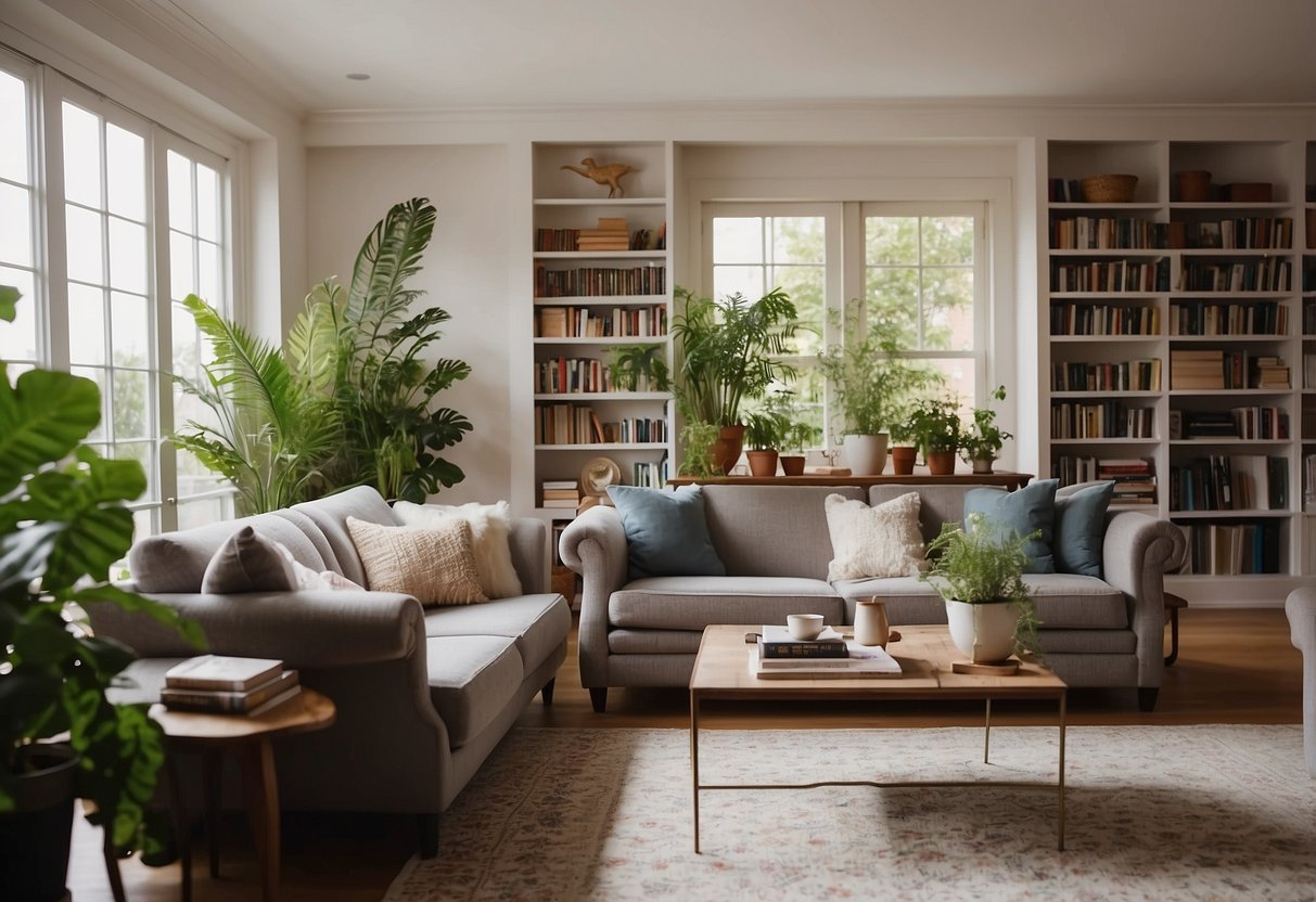 A cozy living room with a sofa, armchairs, and tables. A bookshelf filled with books and decorative items. A rug and plants add warmth to the space
