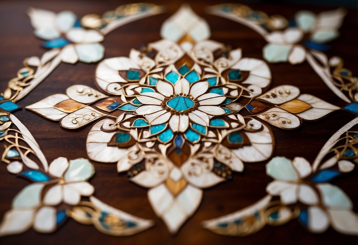 A wooden table with intricate floral patterns inlaid with mother-of-pearl and ivory. Rich colors and delicate details showcase the art of Indian inlay