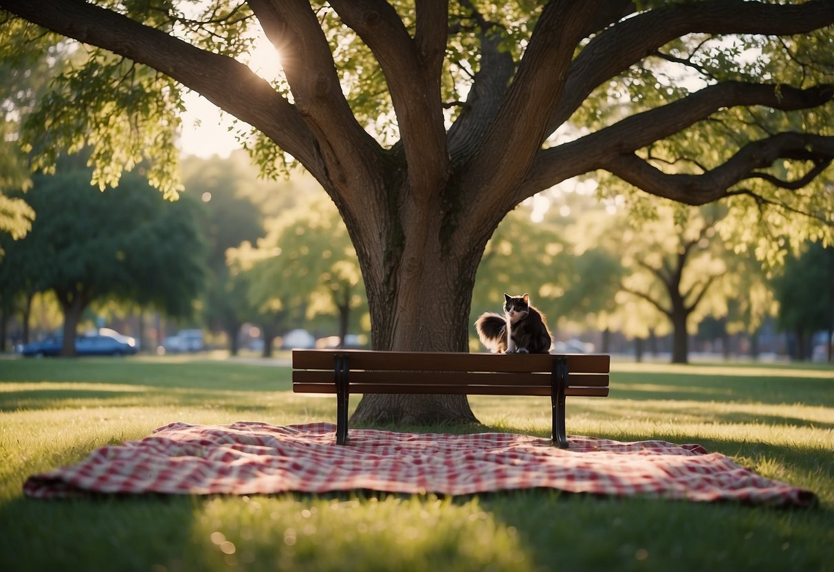 A serene park setting with a large tree providing shade, a cozy picnic blanket, and a small pet shelter nearby