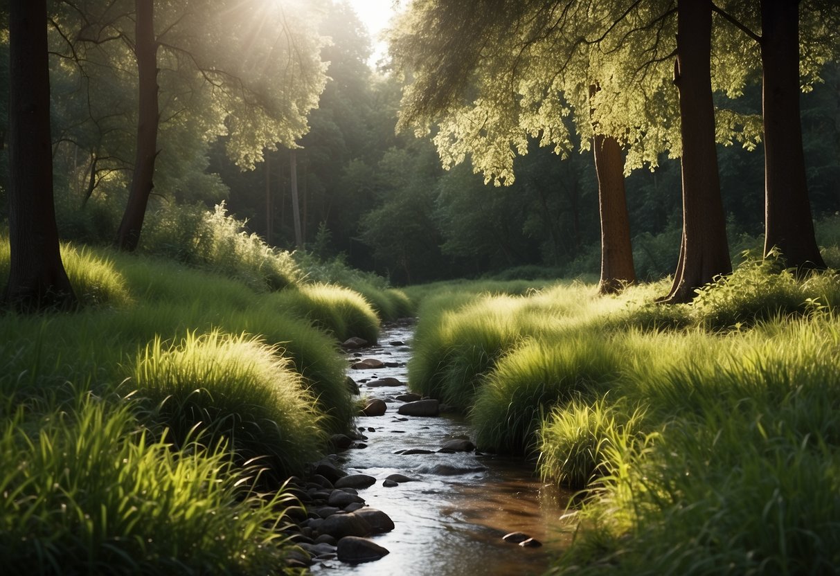 A grassy clearing with a babbling brook, shaded by tall trees. A pet-friendly environment with no signs of danger or disturbance