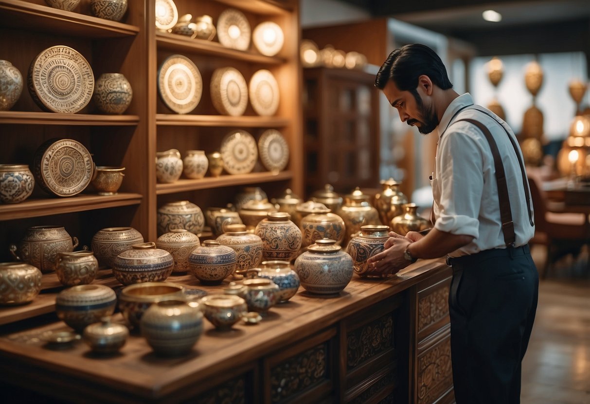A person carefully selecting and inspecting Indian inlay furniture in a well-lit showroom