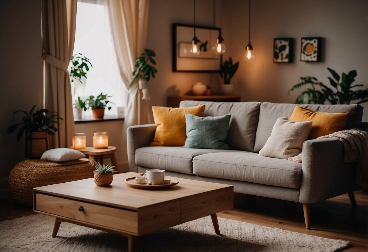 A cozy living room with a wood furniture sofa set, adorned with plush cushions and surrounded by warm lighting