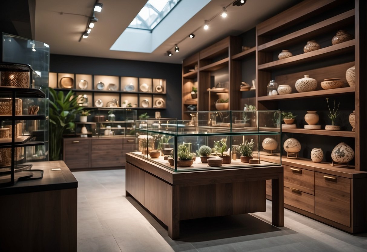 A room filled with various types of furniture: shelves, cabinets, and display cases, all designed for holding and showcasing different items