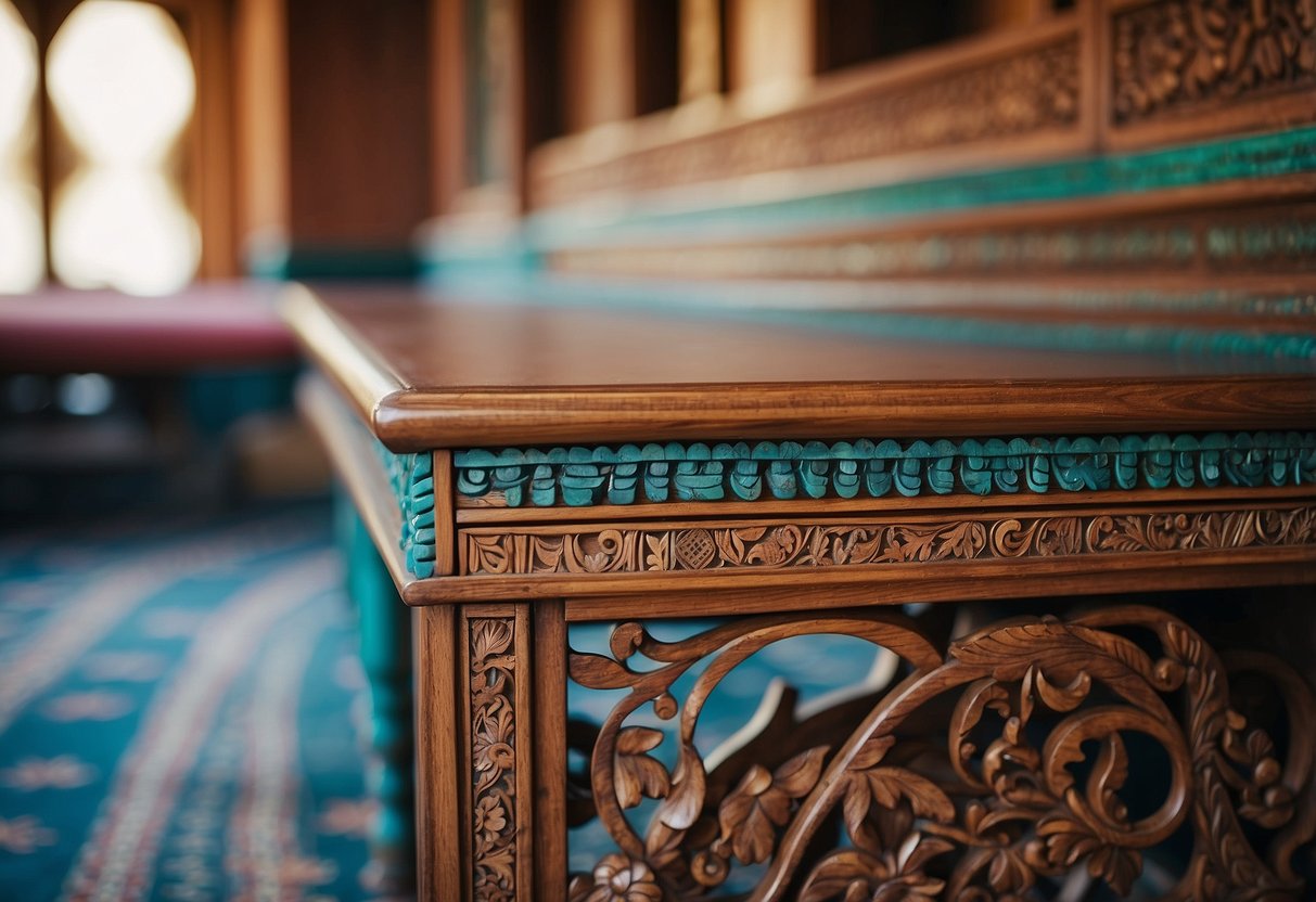 A colorful display of intricately carved wooden furniture with traditional Indian inlay designs