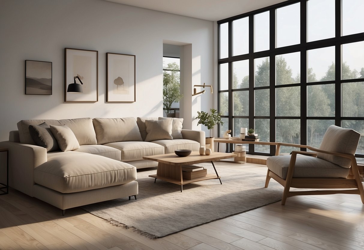 A modern living room with sleek gamma furniture, clean lines, and neutral tones. The space is filled with natural light, creating a bright and inviting atmosphere