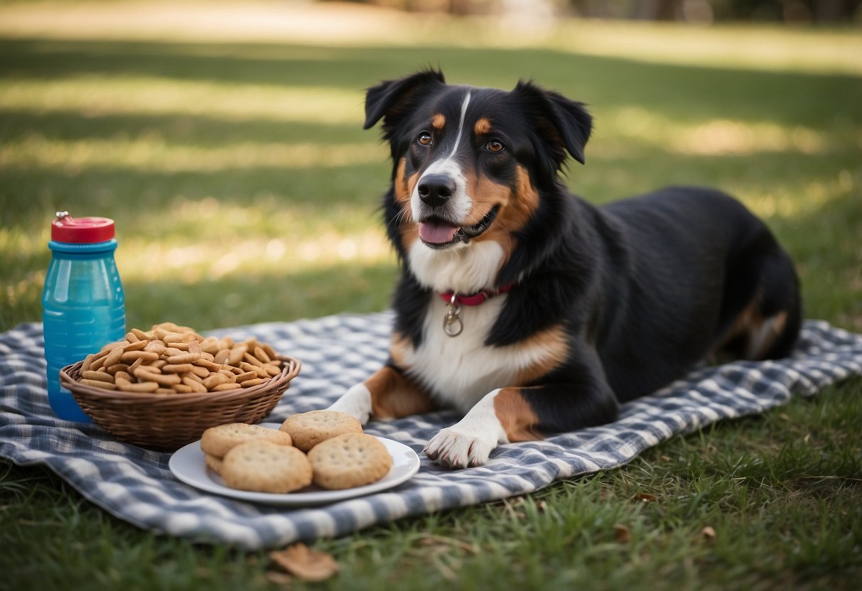 A dog sits calmly as a picnic blanket is spread out. A bowl of water and pet-friendly snacks are laid out nearby. The dog's leash is attached to a secure stake in the ground