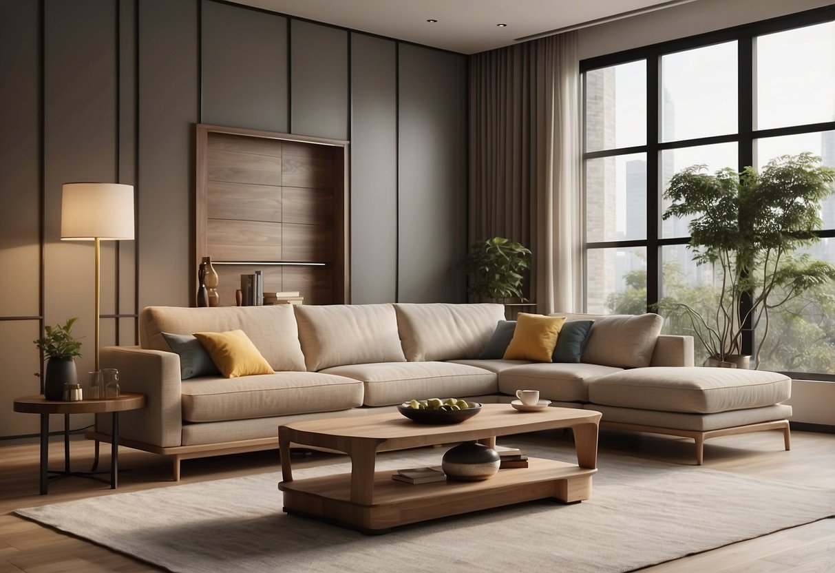 A cozy living room with modern harga furniture, including a sleek sofa, minimalist coffee table, and elegant bookshelf. The room is bathed in warm natural light, creating a welcoming and inviting atmosphere