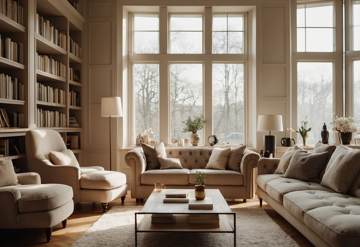 A cozy living room with a plush sofa, elegant coffee table, and stylish bookshelves, bathed in warm natural light from large windows
