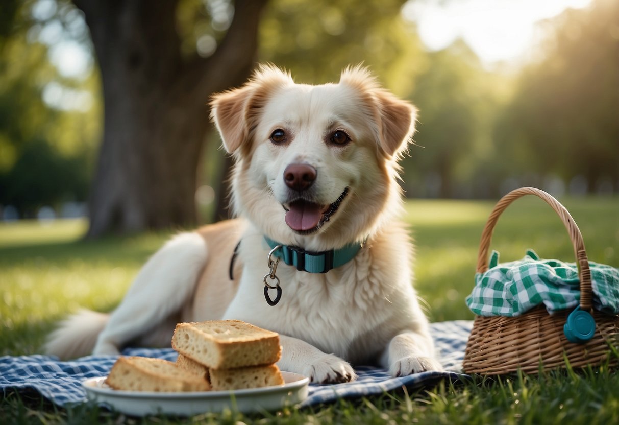 Pets enjoy a picnic in a grassy park. A leash secures them, while water and treats are nearby. The area is free of hazards, with a shaded spot for relaxation