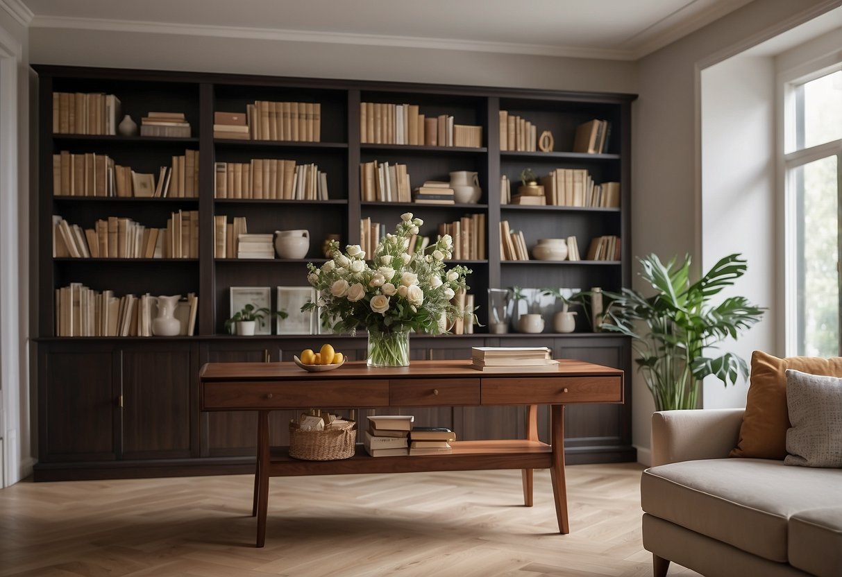 A room with a table holding a vase of flowers, a bookshelf displaying books, and a sideboard with decorative items
