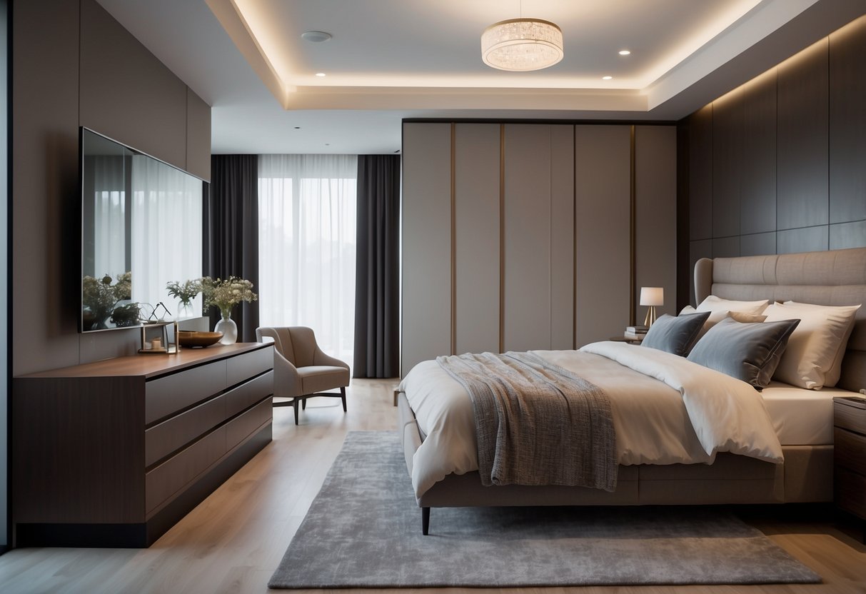 A bed, dresser, nightstand, and wardrobe fill the spacious bedroom. The bed is neatly made, and the furniture is modern and sleek