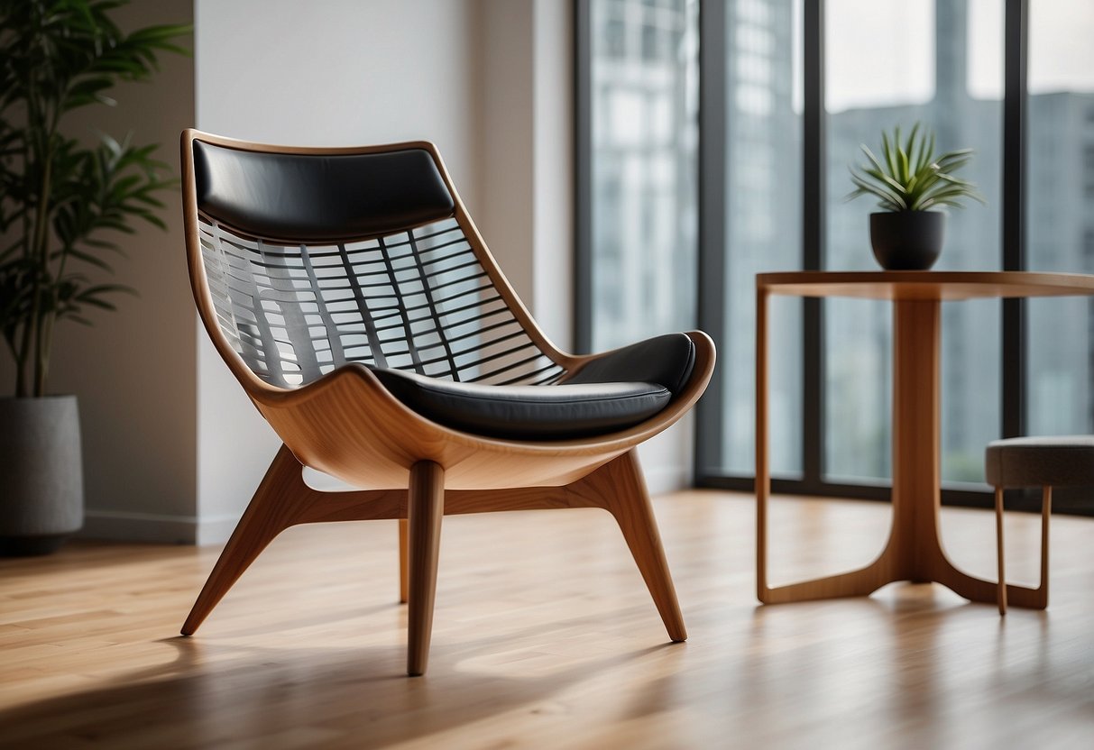 A sleek, modern chair with geometric lines and a polished wood finish, set against a backdrop of minimalist decor and natural lighting