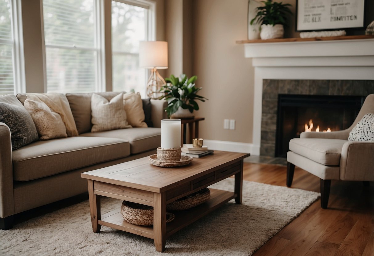 A wooden coffee table and matching end tables flank a plush sofa set in a cozy living room