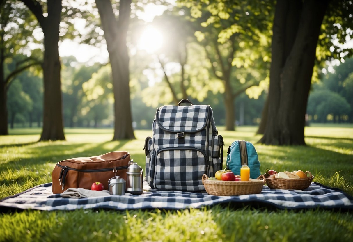 A sunny park with a checkered picnic blanket spread out, surrounded by lush greenery. Five stylish backpacks are neatly arranged, each filled with picnic essentials