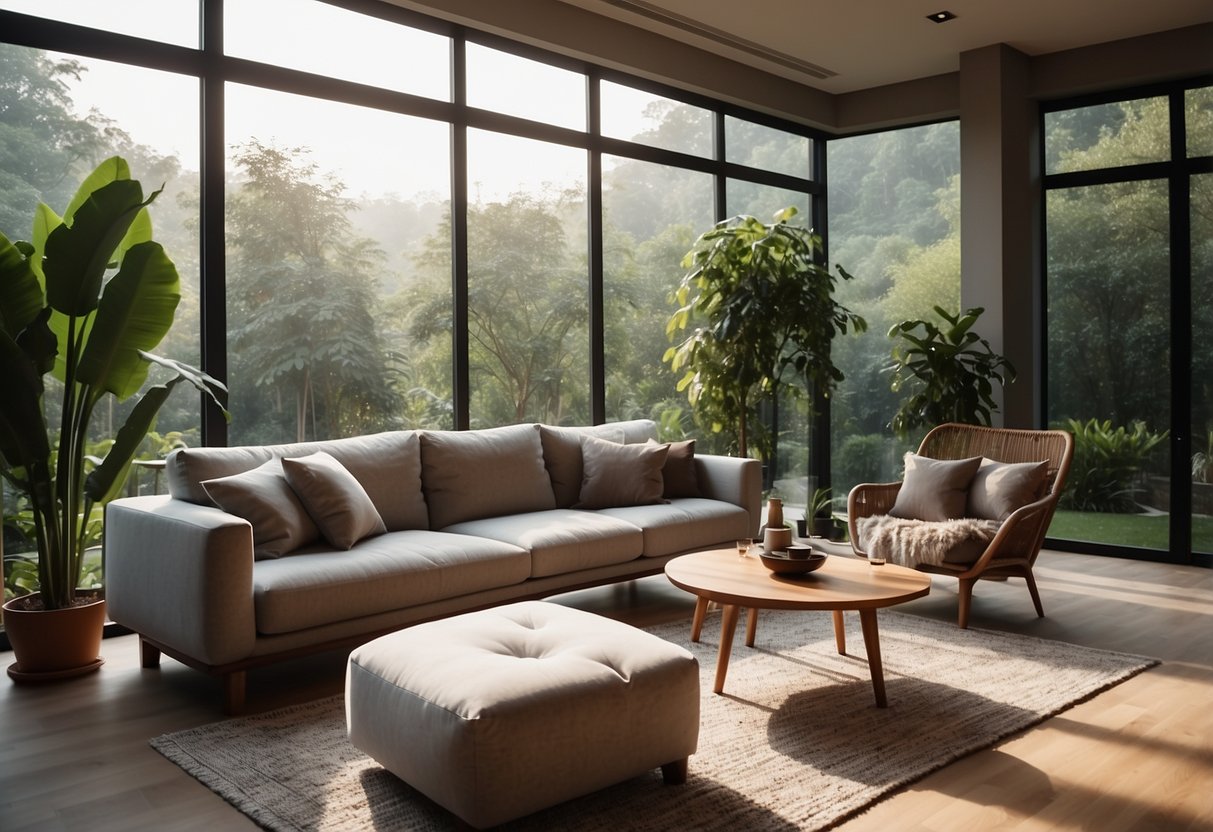 A cozy living room with modern Harga furniture, warm lighting, and a large window overlooking a lush garden