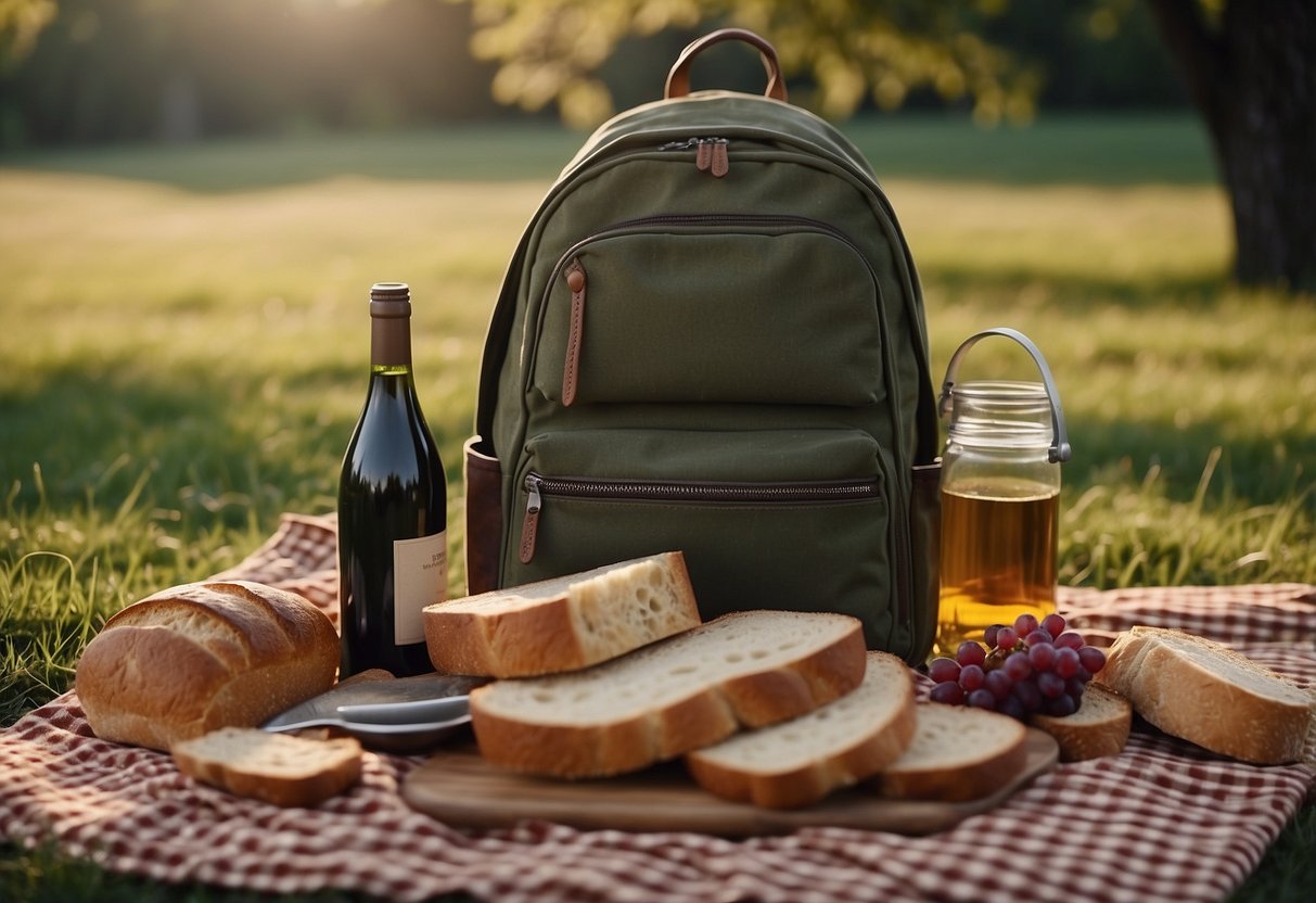 A picnic backpack sits on a grassy field, surrounded by a checkered blanket, a bottle of wine, and a loaf of bread. The backpack's compartments are open, revealing plates, utensils, and napkins neatly organized inside