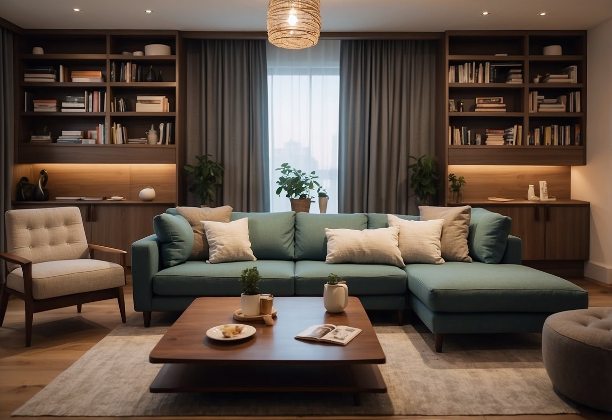 A living room with a cozy sofa, coffee table, and bookshelves. A dining area with a table and chairs. A bedroom with a comfortable bed, bedside tables, and a wardrobe