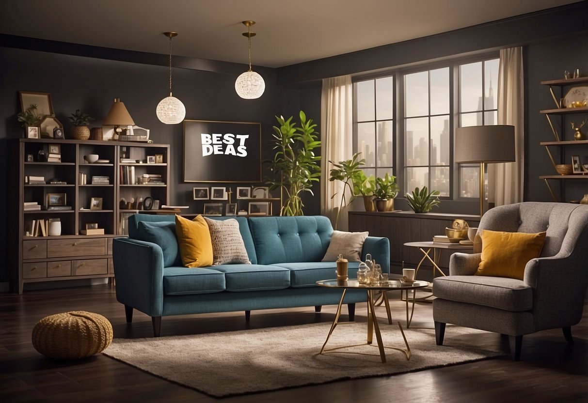 A room with various furniture pieces, price tags, and a sign reading "Best Deals" displayed prominently