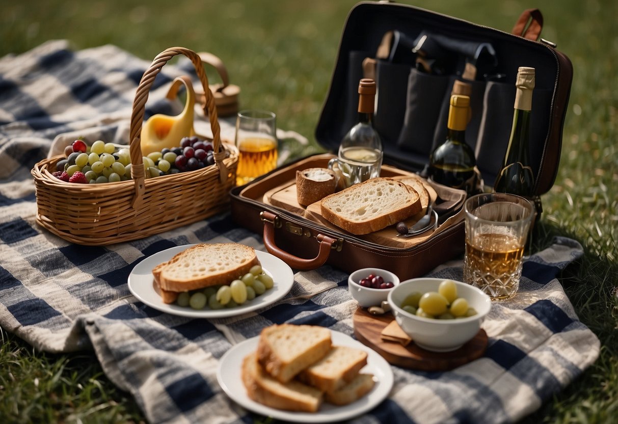 A picnic backpack sits on a grassy field, surrounded by a checkered blanket, wine glasses, and a gourmet spread of food