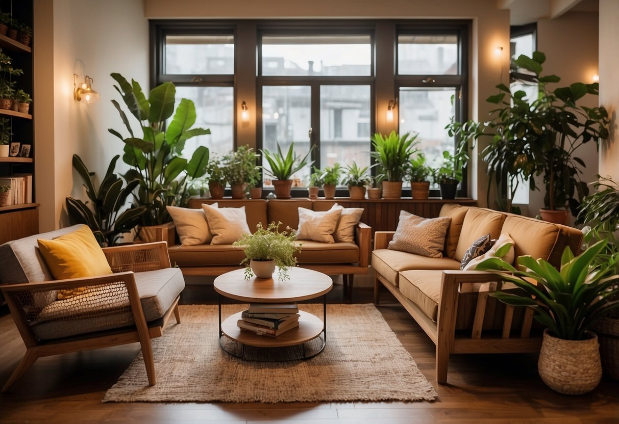 A cozy living room with a wood furniture sofa set, surrounded by potted plants and a warm, inviting atmosphere